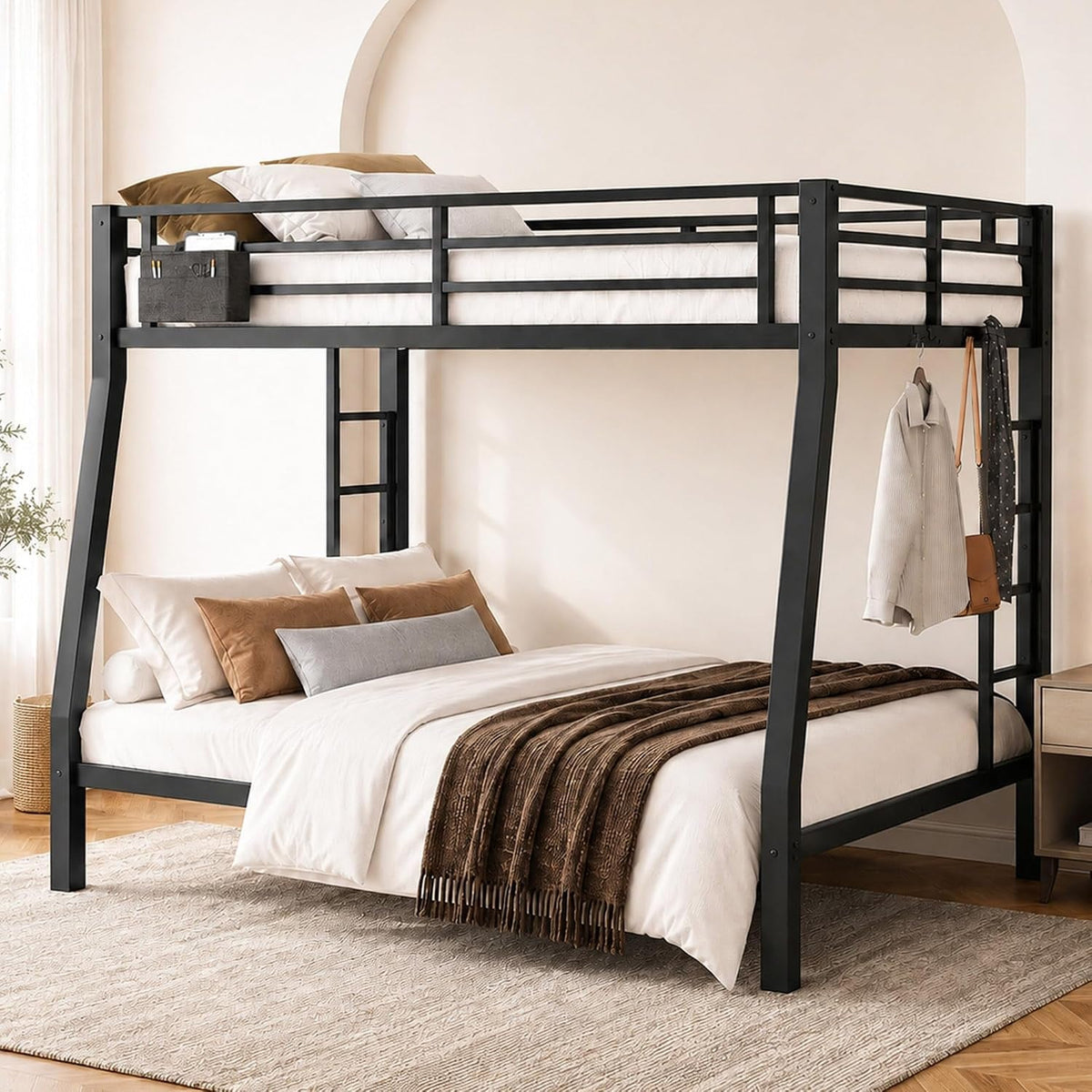 heavy-duty-metal-full-xl-over-queen-bunk-bed-with-bedside-caddy-black