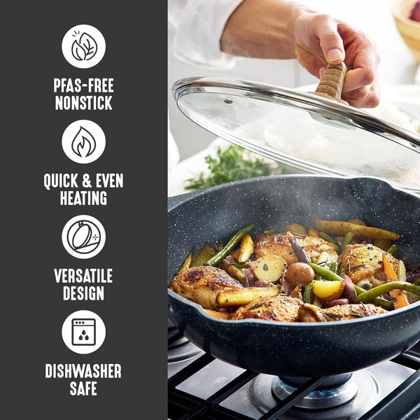 Nonstick 12” (5QT) All in One Deep Skillet Wok with Lid, Pfas-Free Non-Toxic Ceramic Multi-Purpose Pan, Induction, All Stovetop, Egg, Stir Fry, Saute, Stay Cool Handle, Granite Black5