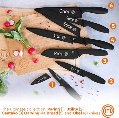 Masterchef Kitchen Knife Set with Covers, 6 Professional Chef Knives for Home Kitchens, Extra Sharp Cutting Stainless Steel Blades & Protective Sheaths, Soft-Touch Easy-Grip Handles, Essential Black2