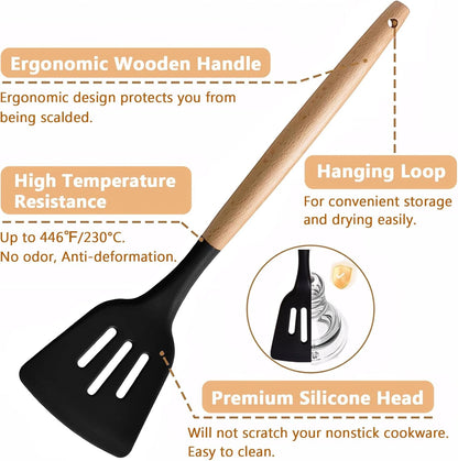 Silicone Kitchen Utensils Set of 6, Cooking Utensils Set with Heat Resistant Wooden Handle, Nonstick Silicone Spatula Spoon Turner Ladle, Cooking Kitchen Gadget for Cookware & Baking BPA FREE2