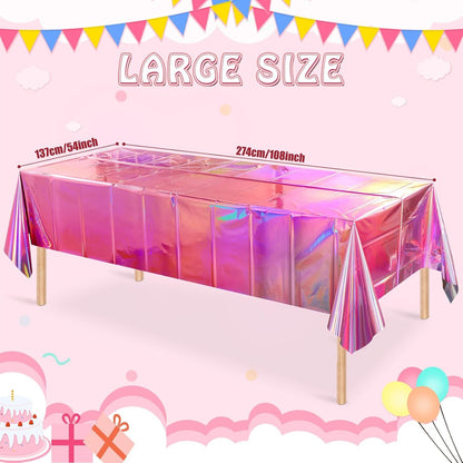 4 Pack Iridescent Pink Plastic Tablecloths,  Shiny Disposable Laser Rectangle Table Covers, Holographic Foil Tablecloth Iridescent Party Decorations for Kpop Birthday Wedding Xmas, 54X108Inch2