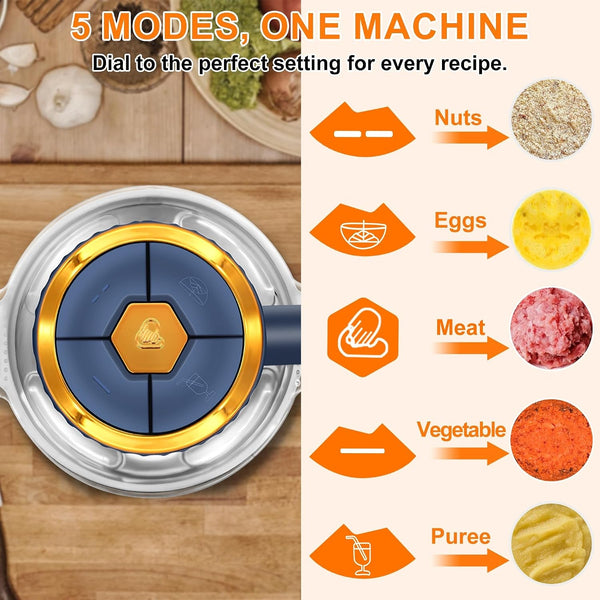 Food Processor, 5 Speed Meat Grinder with 2 Bowls(8 Cup+8 Cup), Blue | 4 Bi-Level Blades Electric Food Chopper, Mini Kitchen Cutter for Vegetable Onion Garlic Meat3