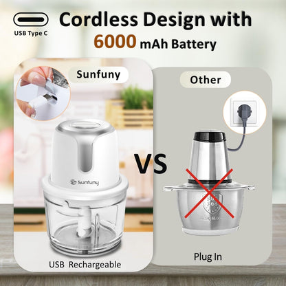 Food Processor Cordless, 6000Mah Wireless Garlic Chopper, 5-Cup Glass Bowl | USB-C Rechargeable Battery, 4 Blade, SUNFUNY Electric Vegetable Chopper, Portable Meat Blender Mixer, Small Kitchen Appliance2