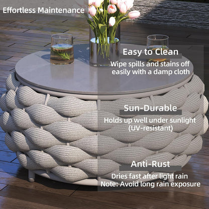 Gray round Patio Coffee Table Aluminum Woven Rope Outdoor Table4