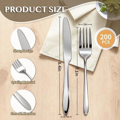 200 Pcs Forks and Knives Bulk Stainless Steel Silverware Set | 100 Dinner Forks and 100 Knives, Metal Mirror Polished Flatware, for Home Restaurant Kitchen, Dishwasher Safe2