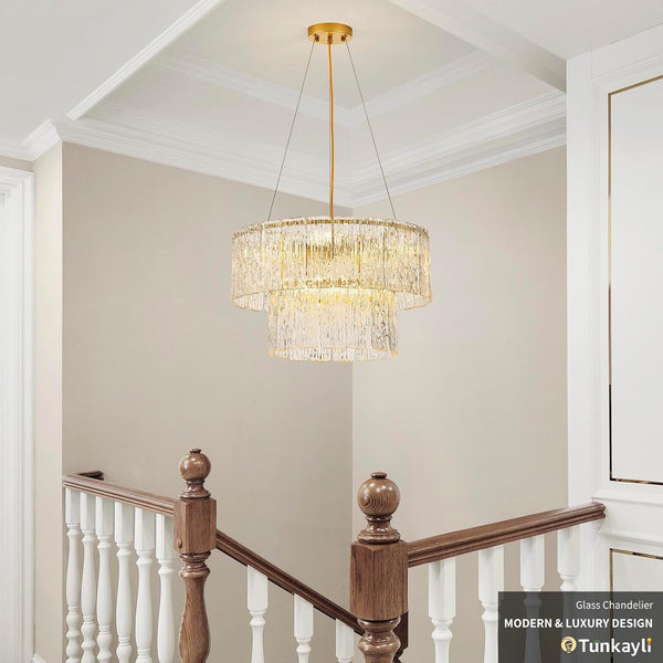 20" Gold Crystal Chandelier, 6-Light Glass Drum Light Fixture9