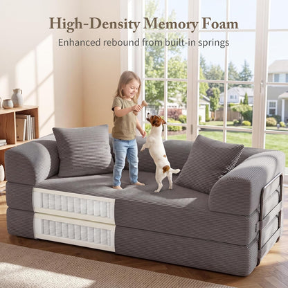 Cloud Boneless Couch Futon Sofa Bed, 5-In-1 Convertible Sofa Bed Pull Out Couch Sleeper Sofa Compressed Loveseat, 70" High-Density Sponge & Corduroy Fabric Futon Daybed for Living Room Bedroom (Gray)6