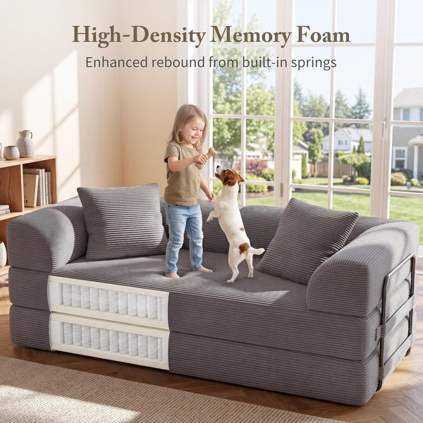 Cloud Boneless Couch Futon Sofa Bed, 5-In-1 Convertible Sofa Bed Pull Out Couch Sleeper Sofa Compressed Loveseat, 70" High-Density Sponge & Corduroy Fabric Futon Daybed for Living Room Bedroom (Gray)6