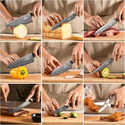 16-Piece Damascus Knife Set with Block, Ebony Wood Handle | 10Cr15Comov VG10 67-Layer Core, 60±2 HRC Sharp Edge, Ebony Wood Handle, Kitchen Shears, Sharpening Rod, 15-Slot Organizer4