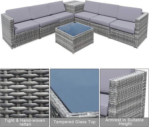 8 PCS Outdoor Patio Furniture Set, Rattan Wicker Sofa Set, Sectional Sofa Couch Conversation Set W/Storage Table and 12 Zippered Cushions for Garden Backyard Poolside (Grey)8