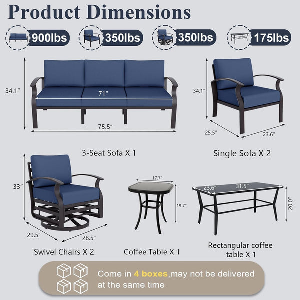 Aluminum Patio Furniture Set with Coffee Table Rectangular, 7-Seat Outdoor Sectional Furniture W/Swivel Chairs, Patio Conversation Set for Porch, Backyard, Poolside-Dark Blue2