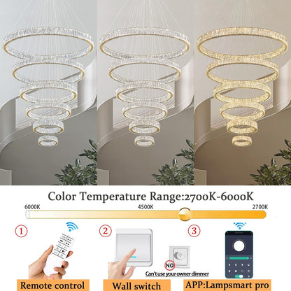 Extra Large Ring Chandelier Modern LED Gold 6 Ring Chandelier for High Ceiling Long Stair Crystal Chandeliers D8+15.7"+23.6"+31.5"+39.4"+47.5"6