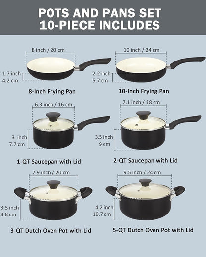 Pots and Pans Set Nonstick, 10 Piece Ceramic Cookware Sets, Kitchen Non Stick Cooking Set with Saucepans, Frying Pans, Dutch Oven Pot with Lids, Black | Non Stick Pots and Pans2