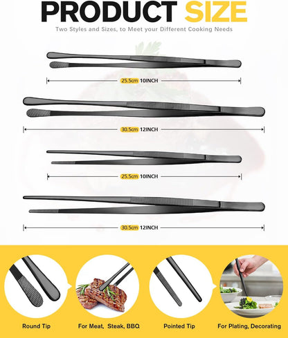 4 Pcs Fine Long Tweezer Tongs Professional Black, 12'' and 10'' Stainless Steel for Kitchen, Food, Cooking, Repairing, Sea Food and BBQ4