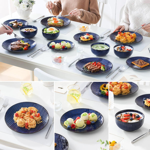 12 Pieces Dinnerware Sets, Modern Plates and Bowls Sets, Blue Dish Set for 4, Kitchen Ceramic Dinner Plates Dishware Set, Microwave and Dishwasher Safe, Series LYDIA6