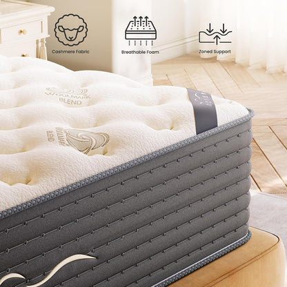 14 Inch Cashmere Hybrid Queen Mattress in a Box, Dual-Sided Medium Firm & Firm, Cooling Gel Memory Foam Mattress, Pocket Springs for Motion Isolation, Pressure Relief, Certipur-Us Certified4
