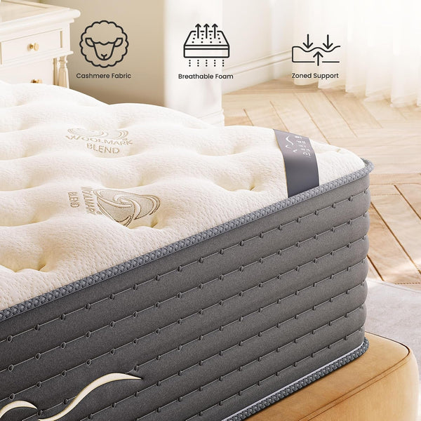 14 Inch Cashmere Hybrid Queen Mattress in a Box, Dual-Sided Medium Firm & Firm, Cooling Gel Memory Foam Mattress, Pocket Springs for Motion Isolation, Pressure Relief, Certipur-Us Certified4