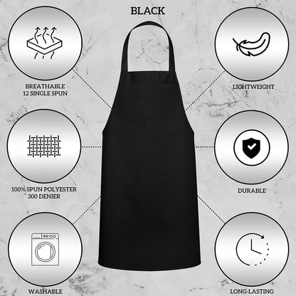 12 Pack Bib Apron - Unisex Black Aprons, Machine Washable Aprons for Men and Women, Kitchen Cooking BBQ Bulk (Pack of 12, No Pockets, Black)4