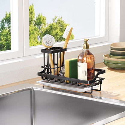 Sponge Holder for Kitchen Sink - Kitchen Sink Caddy Organizer with Removable Drip Tray for Countertop Dish Soap Dispenser Brush Storage Accessories 304 Stainless Steel - Black7