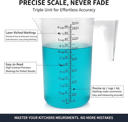 Liquid Measuring Cup with Handle, 48 Oz / 6 Cup / 1500 Ml Plastic Measuring Pitcher, Permanent Laser-Etched Markings, Large Measuring Cup for Kitchen Baking, Cooking & Garden Mixing3