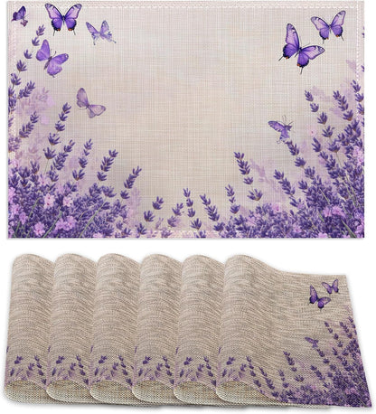 6 Pcs Placemats,Lavender Butterfly Placemat,Purple Table Mats Washable Recyclable Table Placemats for Indoor Outdoor Heat Resistant Kitchen Dining 12"X18"1