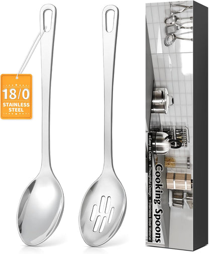 2 Pcs Stainless Steel Cooking Spoons Set, Solid & Slotted Metal Serving Spoons, Heavy Duty Sturdy Large Soup Ladle, High Heat Resistant Kitchen Cooking Utensils for Mixing, Stirring, Easy to Clean1