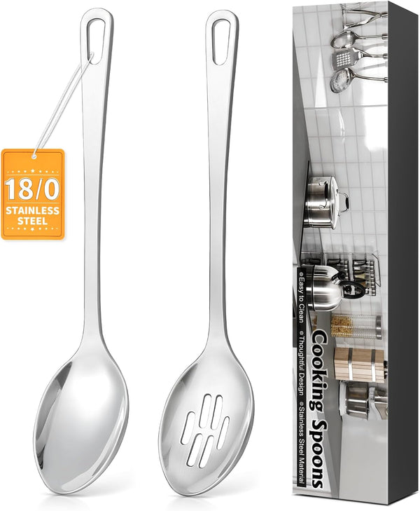 2 Pcs Stainless Steel Cooking Spoons Set, Solid & Slotted Metal Serving Spoons, Heavy Duty Sturdy Large Soup Ladle, High Heat Resistant Kitchen Cooking Utensils for Mixing, Stirring, Easy to Clean1