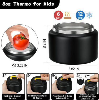 Bento Lunch Box with 8Oz Soup Thermo and Insulated Lunch Bag, Kids Leakproof Lunch Food Containers with 5 Compartment, Boys Girls Thermo Hot Food Jar for Travel, School, BPA Free (Black)4