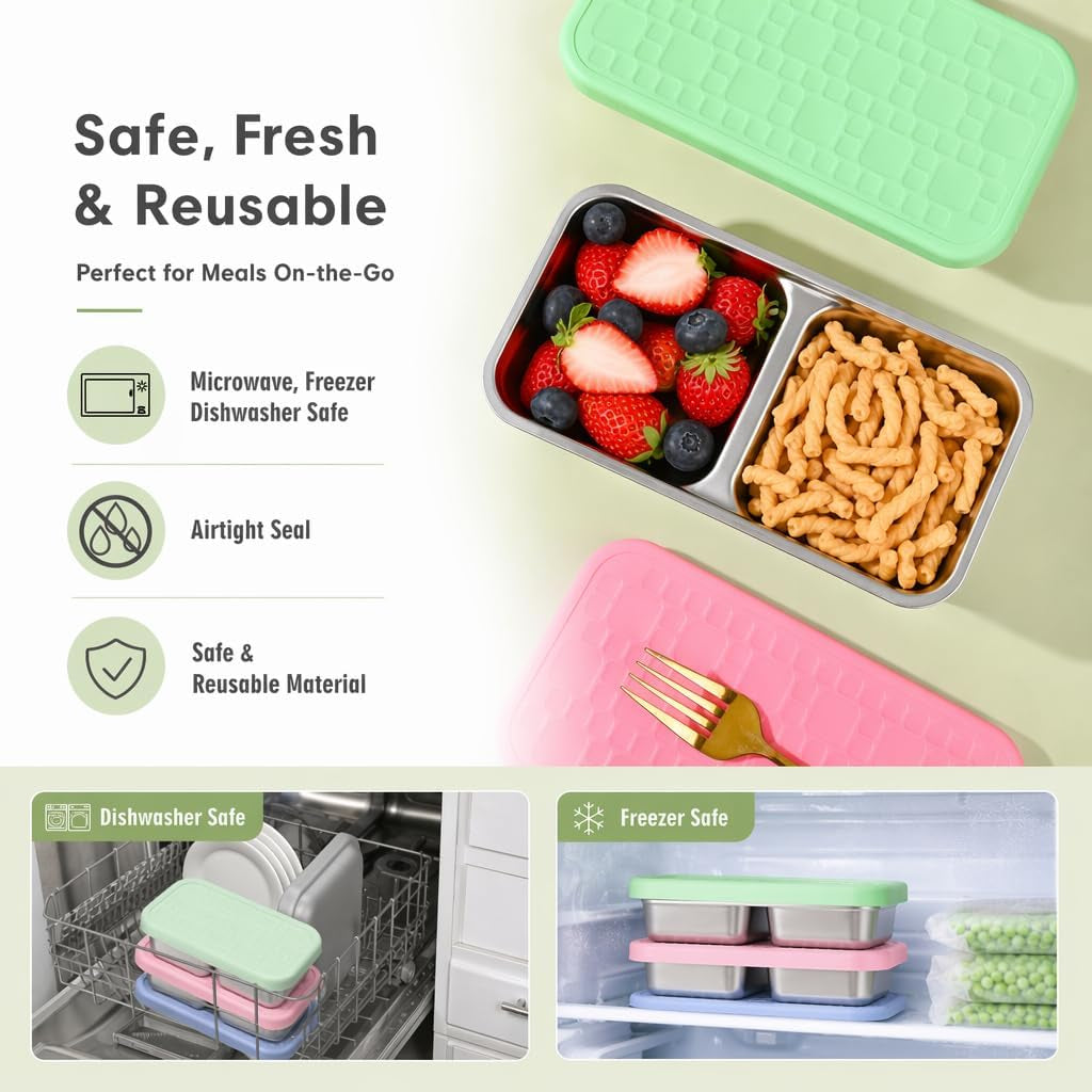 4-pack-stainless-steel-snack-containers-leak-proof-2-compartment-lunch-boxes-with-silicone-lids-reusable-metal-snack-box-for-meal-prep-travel-outdoor-daily-use-2-compartments-a
