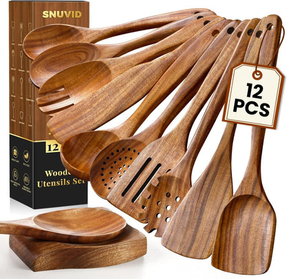 Wooden Spoons for Cooking, 12 Pcs Teak Wood Kitchen Utensils Set with Spoon Rest - Nonstick Heat Resistant Wooden Cooking Utensils, Natural Healthy Spatula Set for Pots and Pans1