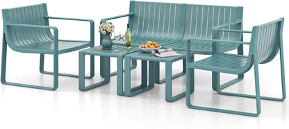 5-Piece Patio Furniture Set, Outdoor Conversation Set W/1 Loveseat, 2 Patio Chairs & 2 Side Tables, All-Weather Patio Bistro Set for Lawn, Backyard, Poolside, Balcony, Garden, Deck (Blue)1