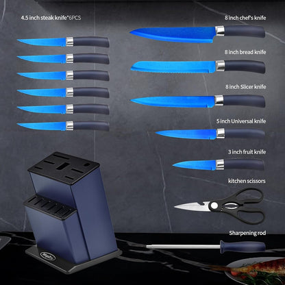Knife Set, Kitchen Non Stick Knives Set with Block Thick Blade Cutlery Knife Block Sets with Sharpener 6Pcs Steak Knife Shears Chef Sharp Quality Aluminum Alloy Block Blue Handle and Blade2