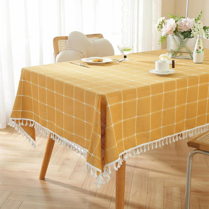 Rustic Plaid Cotton Linen Tablecloth Checkered Waterproof with Tassel Table Cover Decoration for Kitchen Dining Christmas Party 55" X 70", Rectangle, Yellow, 4-6 Seats2