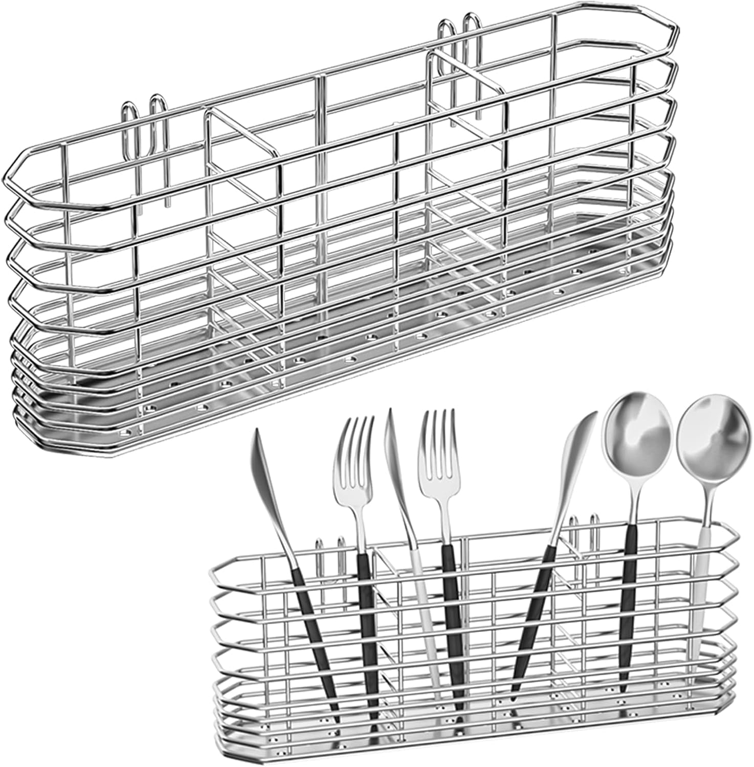 304-stainless-steel-utensil-holder-dish-drying-rack-kitchen-utensil-organizer-knife-and-fork-drainage-rack-kitchen-drainage-basket-accessories-with-hooks-rust-proof-color-silver