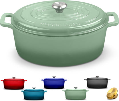Signature Enameled Cast Iron Oval Dutch Oven | Non-Stick Serving Pot with Tight Fitting Lid for Perfect Roasting, Baking, Sauteing, and Bread Making | 5Q [Sage]1