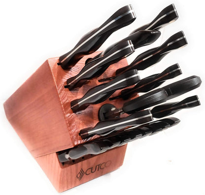 21 Piece Kitchen Set with Cherry Finish Oak Block, 8 Table Knives, Paring, Trimmers, Santoku Chopper Chef Knife, Carver, Slicer, Cheese Knife, Turning Fork, Shears, Peeler, Sharpener1