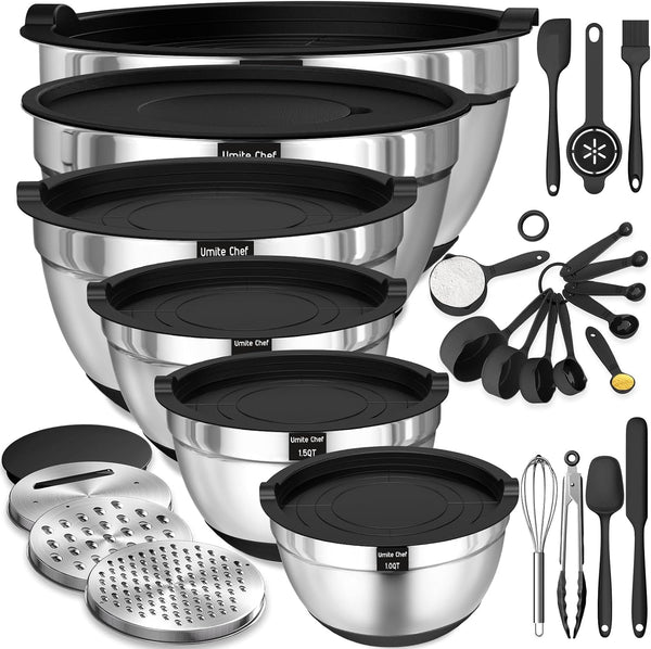 Thickened Heavy-Duty 26Pcs Stainless Steel Bowl, Mixing Bowl Set with Lid, Grater Attachment, Non-Slip Bottom and Kitchen Gadget Set, Sizes 7, 4, 2.5, 2.0, 1.5, 1QT, Ideal for Mixing and Serving1