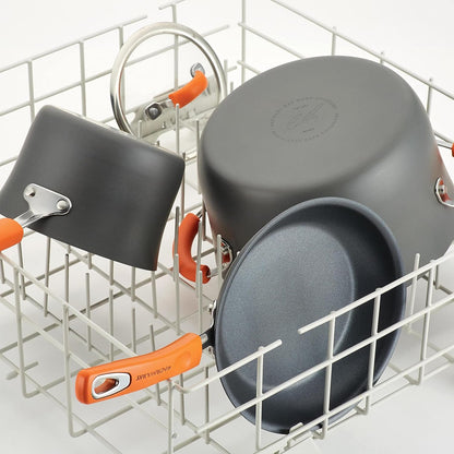 Brights Hard-Anodized Aluminum Nonstick Cookware Set with Glass Lids, 10-Piece Pot and Pan Set, Gray with Orange Handles18