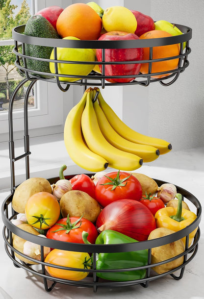 Fruit Basket for Kitchen Counter - 2-Tier Large Capacity Fruit Bowl with Detachable Banana Hanger, Rust-Proof Metal Fruit Holder for Vegetables, Bread, Toiletry,10" D X 10" W X 14" H, Black1
