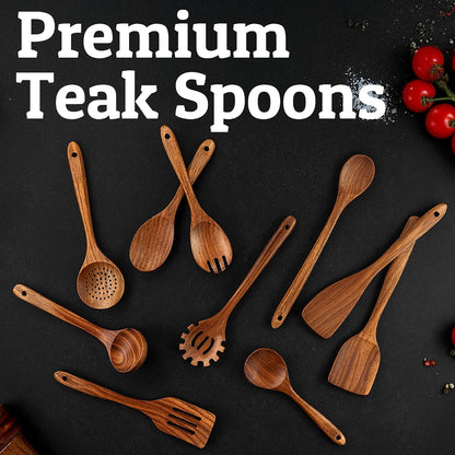 Prioritychef Wooden Spoons for Cooking, Premium 6Pc Teak Wood Utensil Set with Hanging Hooks8