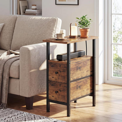 Narrow End Table with Charging Station, Side Tables Living Room | End Tables Living Room Set of 2, Skinny Nightstand with Fabric Drawers for Bedroom, Small Spaces, Rustic Brown8
