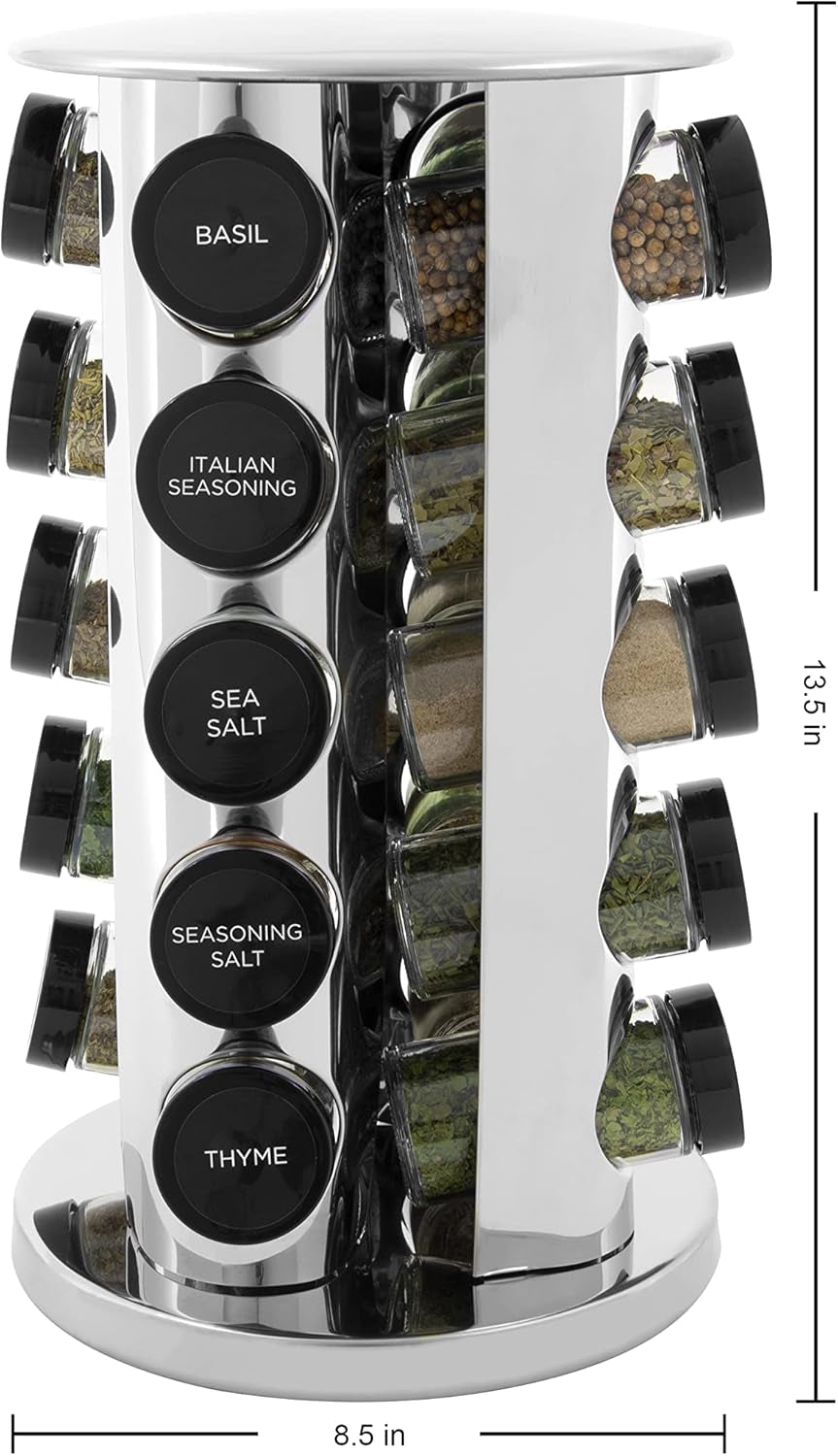 20-jar-revolving-countertop-spice-rack-with-spices-included-free-spice-refills-for-5-years-polished-stainless-steel-with-black-caps-30020