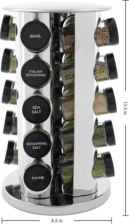 20 Jar Revolving Countertop Spice Rack with Spices Included, FREE Spice Refills for 5 Years, Polished Stainless Steel with Black Caps, 300202