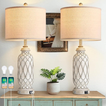28" Table Lamps for Living Room Set of 2, Farmhouse Lamps for Bedroom with USB A+C Charging Ports, Touch Lamps for Nightstand, 2 Bulbs Included1