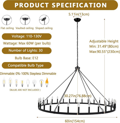 Black Extra Large Wagon Wheel Chandelier, 60 Inch 30 Lights3