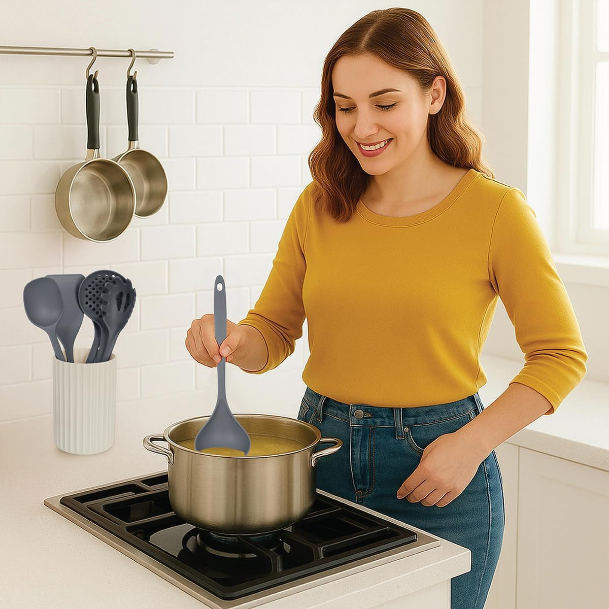 kitchen-utensils-set-8pcs-nonstick-cooking-tools-with-utensil-holder-nylon-spoon-ladle-skimmer-spaghetti-server-and-turner-spatula-set-dishwasher-safe-grey