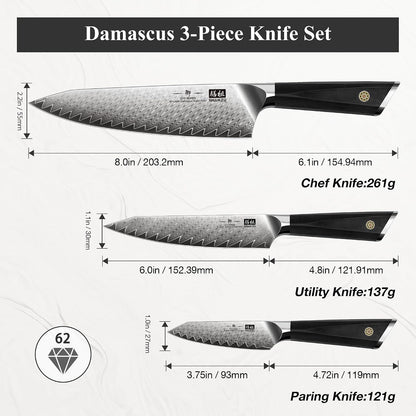 3 PCS Damascus Knife Set, Kitchen Knife Set in Damascus Steel | Professional Ultra-Sharp Japanese Knife Set, 67-Layer High Carbon Steel Chef Knife Set with Ergonomic G10 Handle5
