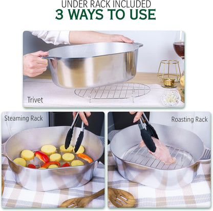 Cast Aluminum Oval Dutch Oven with Lid - 10 QT Heavy Duty & Lightweight Roaster Pan with Rack & Silicone Cover Dual Handles — Cajun Cookware for Roasting, Baking, Cooking (15" - Large)8
