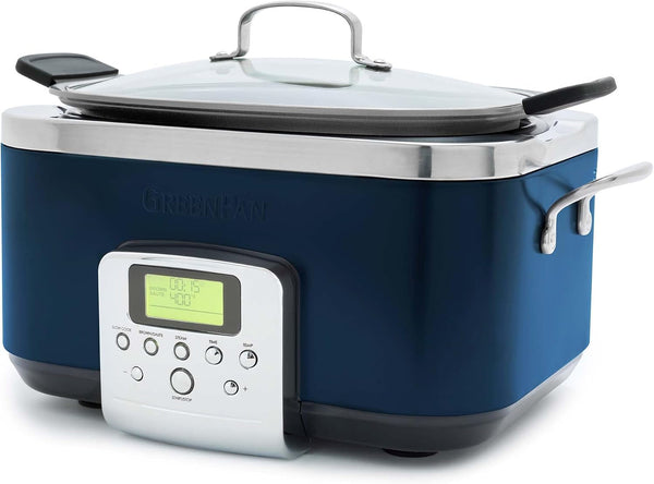 Elite 8-In-1 Programmable 6QT Electric Slow Cooker,Dishwasher Safe Lid & Removable Crock, Pfas-Free Healthy Ceramic Nonstick Multi-Cooker,Sear, Sauté,Brown,Steam Basket,Roast, Oxford Blue1