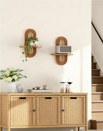 Floating Shelves for Wall, Boho Home Wall Decor,Rattan Plant Shelf Set of 2, Mid Century Small Decorative Shelf, Natural Wood Shelves for Living Room,Bedroom,House,Office (Walnut)9